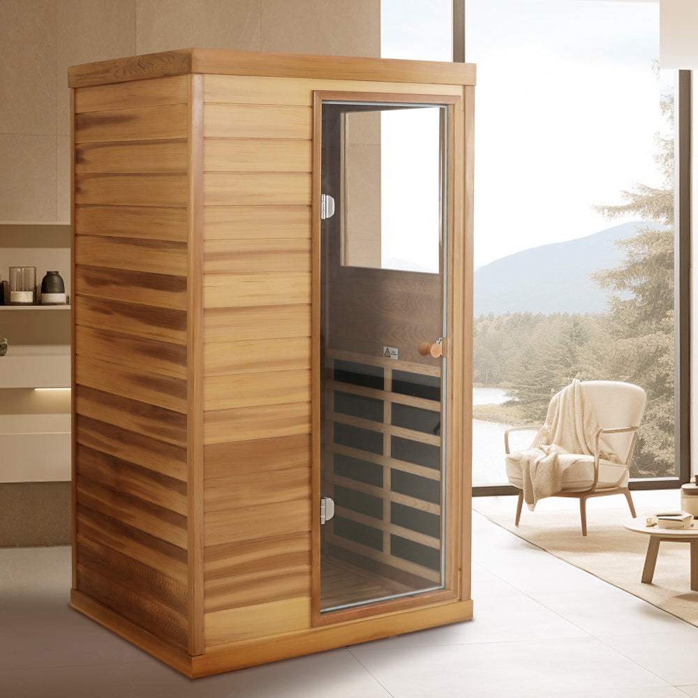 Red cedar Mini one person far infrared glass door on the right of the indoor sauna room
