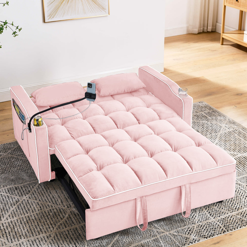 55.51 inch versatile foldable sofa bed in 3 lengths, modern sofa sofa sofa velvet pull-out bed, adjustable back and with USB port and ashtray and swivel phone stand (PINK)
