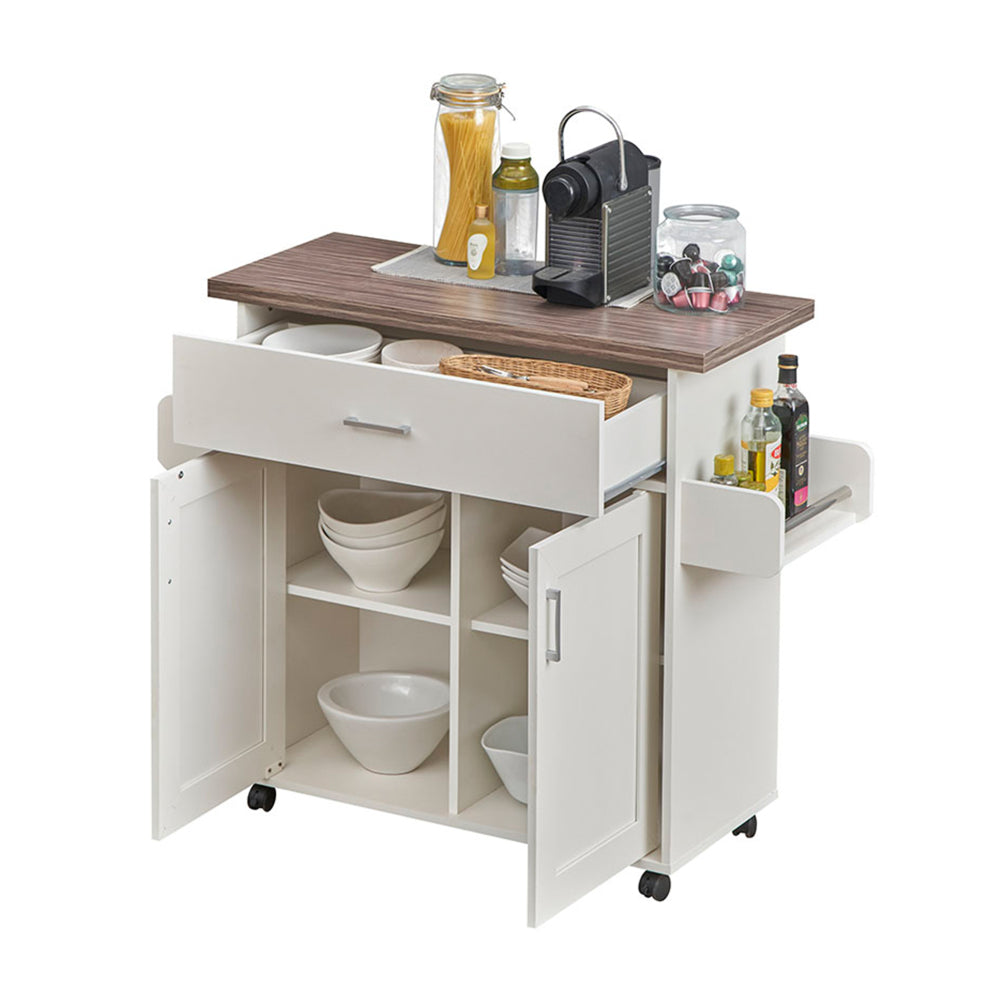 Techni Home Deluxe Mobile Kitchen Island Cart with Water Resistant Top, Storage Cabinets with Adjustable Shelves, and Towel & Spice Rack