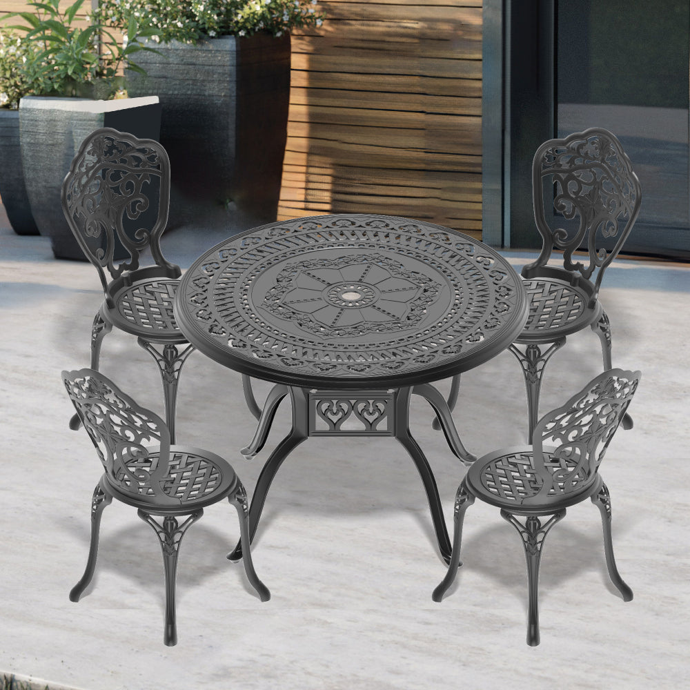 Ø39.37-inch Cast Aluminum Patio Dining Table With Black Frame and Umbrella Hole