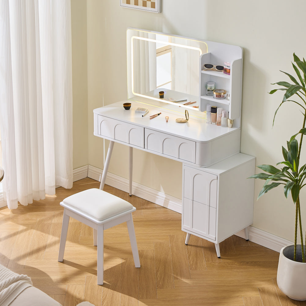 Modern Makeup Vanity Desk with LED Lights & Mirror, 4 Drawer Dressing Table Set with Stool, 3 Colors Dimmable Brightness, Space-Saving for Bedroom, White