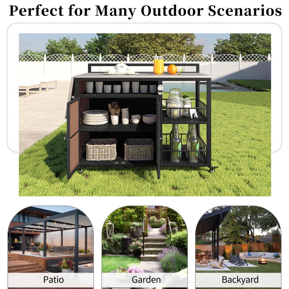 63.5" Outdoor Kitchen Island, Kitchen Storage Island, Cooking Station, Outdoor Grill Cart with Foldable Side Tabletop, Ample Storage Space, Bottle Opener for Outside BBQ, Patio, Backyard, Dark Brown