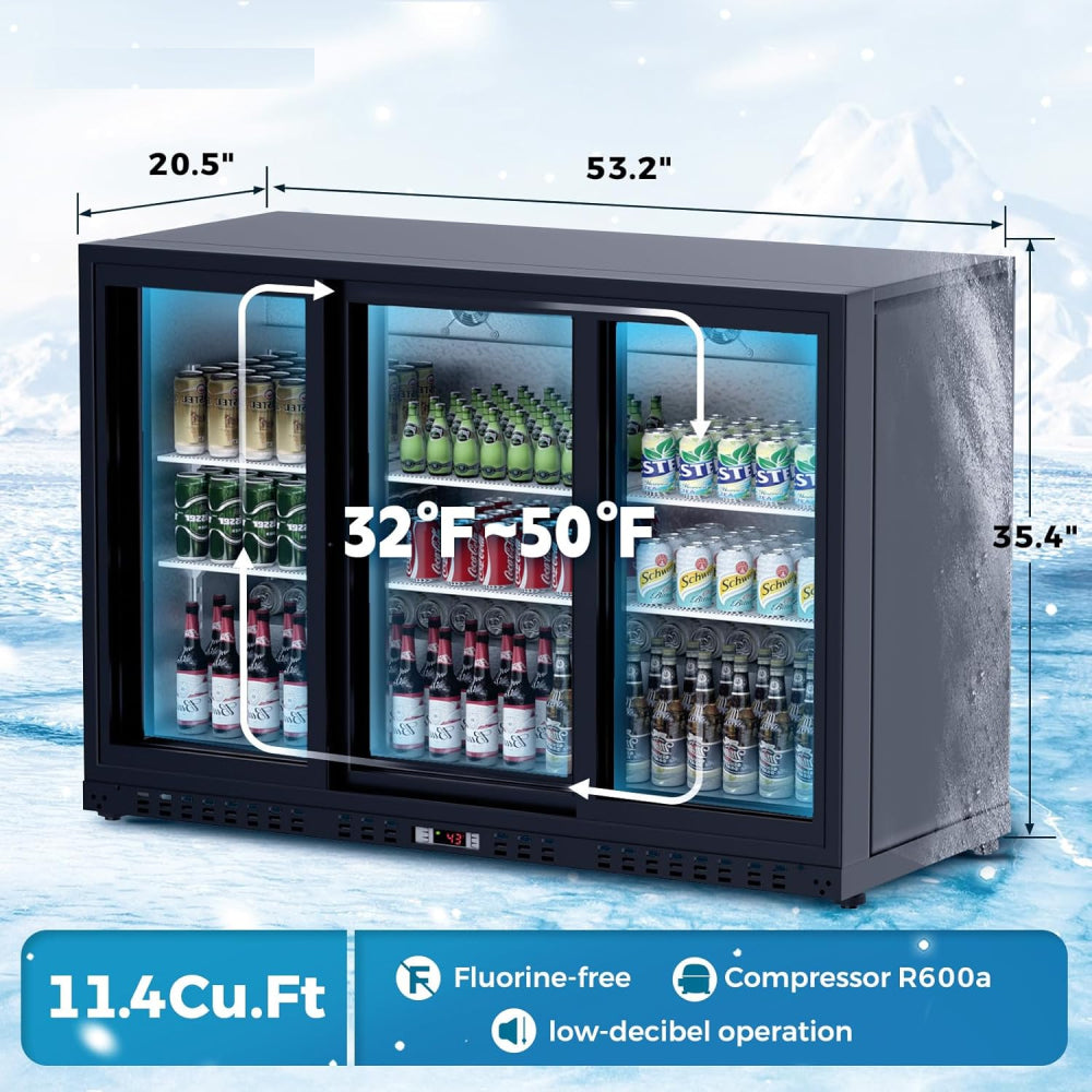 11.4 Cu.Ft Back Bar Cooler 53.2"W Beverage Refrigerator, 3 Low-E Glass Sliding Doors, Counter Height Bar Fridge,Commercial Display Refrigerator, Anti-Fog, LED Light for Beer, Wine,Soft Drinks