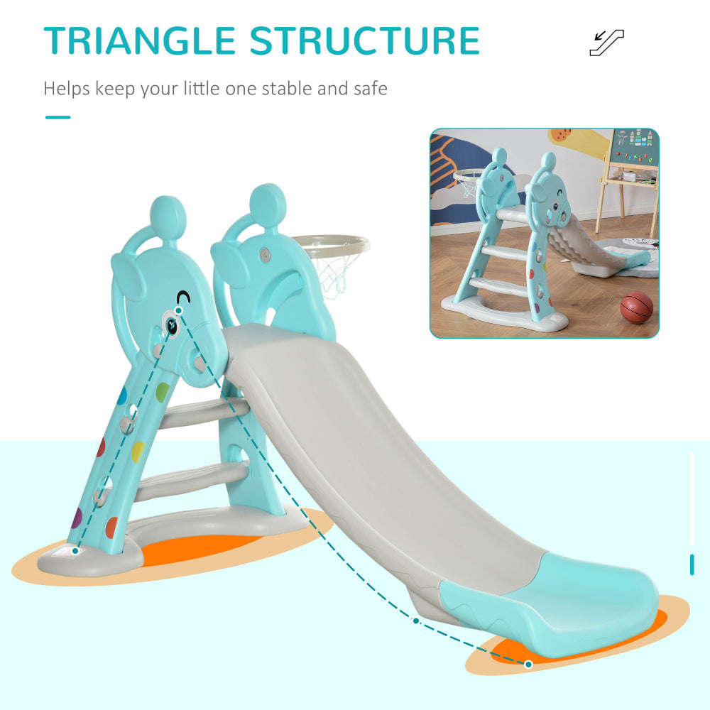 Qaba 2 in 1 Kids Slide with Basketball Hoop, Foldable Toddler Freestanding Slider Playset, for 18 months -4 Years Deer Shaped, Includes Basketball, Pump - Blue