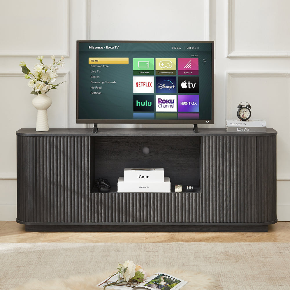 64-Inch Wavy TV Stand, Rounded Sideboard, Storage Cabinet, Wooden Vertical Stripe Cabinet for Living Room/Bedroom/Entryway. Black,64''W x 15''D x 24''H.