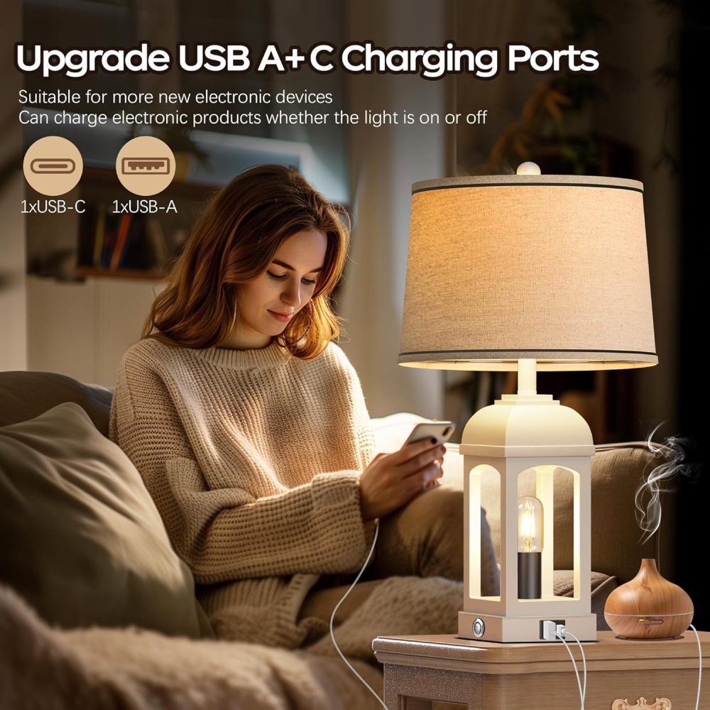 Table Lamp for Living Room, Farmhouse Lamps Set of 2 with USB A+C and Nightlight, 26" Rustic Bedside Lamps with 3-Way Dimmable, Touch Nightstand Lamp for Bedroom, White
