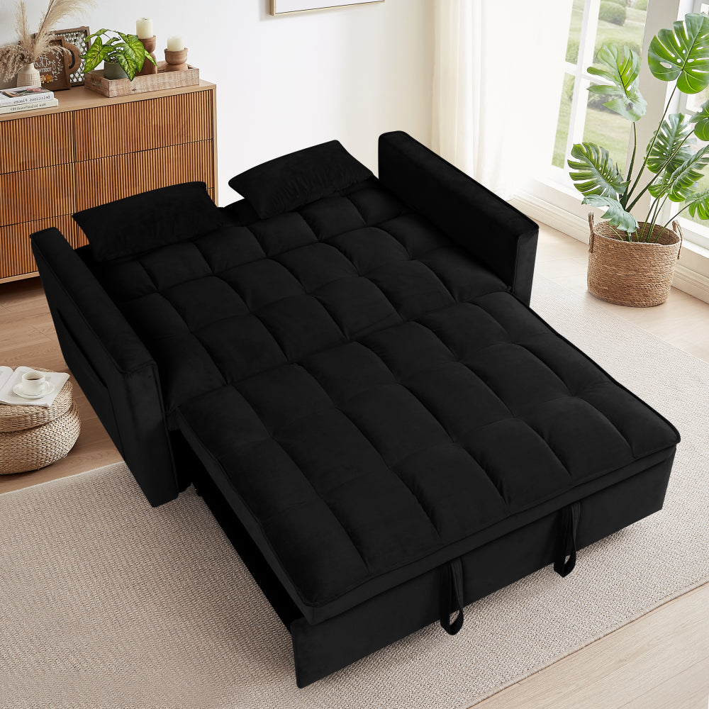 Modern Velvet Fabric 53" 3 in 1 Convertible Sleeper Sofa Bed, Futon Couches for Living Room with Side Pocket, Adjustable Backrest(Black)