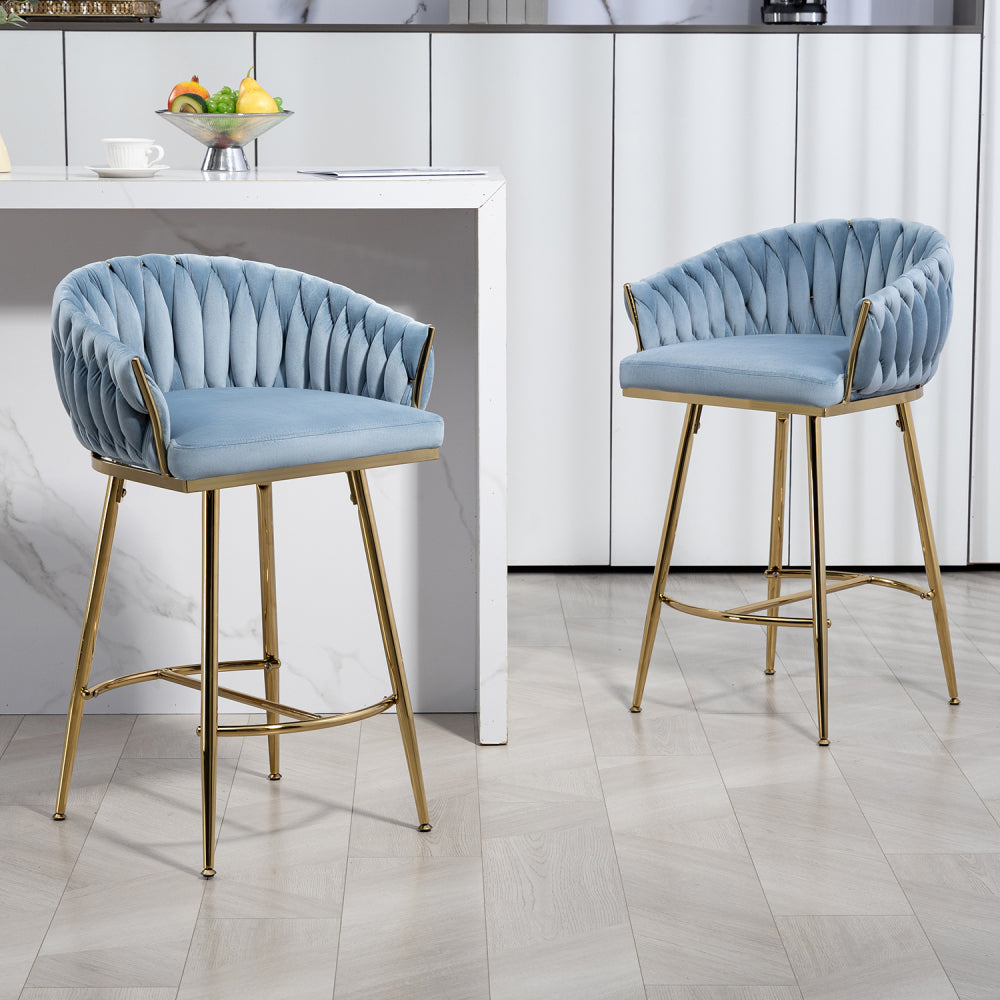 26'' Counter height bar stools velvet kitchen island counter bar stool with hand- wave back,golden chromed base and footrest (BEIGE)