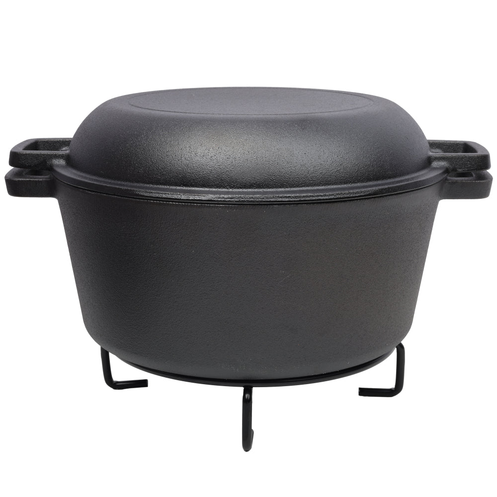 2 in 1 Pre-Seasoned Cast Iron Dutch Oven With Dual Handles, Outdoor Camping Deep Pot for Camping Fireplace Cooking BBQ Baking Campfire, 5 Quart.With 1pc Iron Pot Rack.