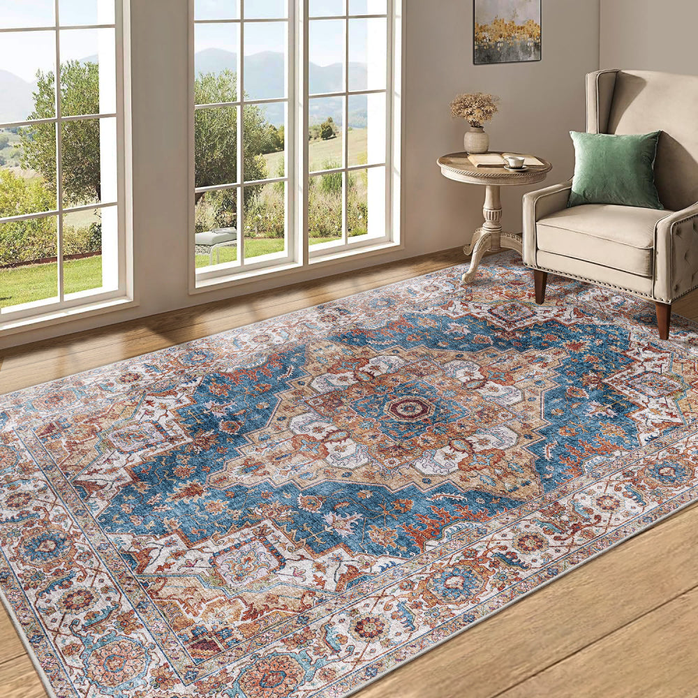 Area Rug 5x7 Vintage Bohemia Large Persian Non-slip Washable Rug For Living Room Kitchen Bedroom Living Room Flower Design Blue/Yellow