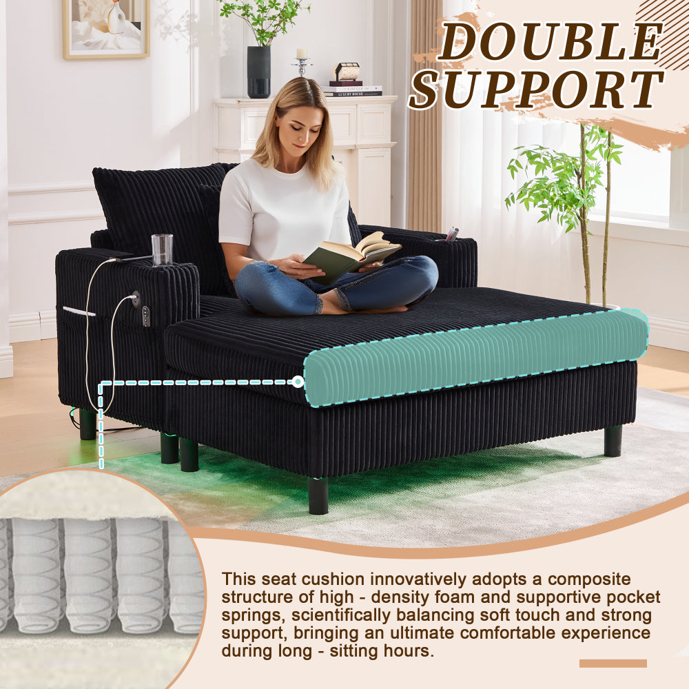 UNITED WE WIN Modern Corduroy Oversized Recliner Sofa with Deep Seat, 3 Pillows, USB Charging, RGB LED Light Strip, Cup Holder, Side Pocket - Suitable for Living Room and Bedroom