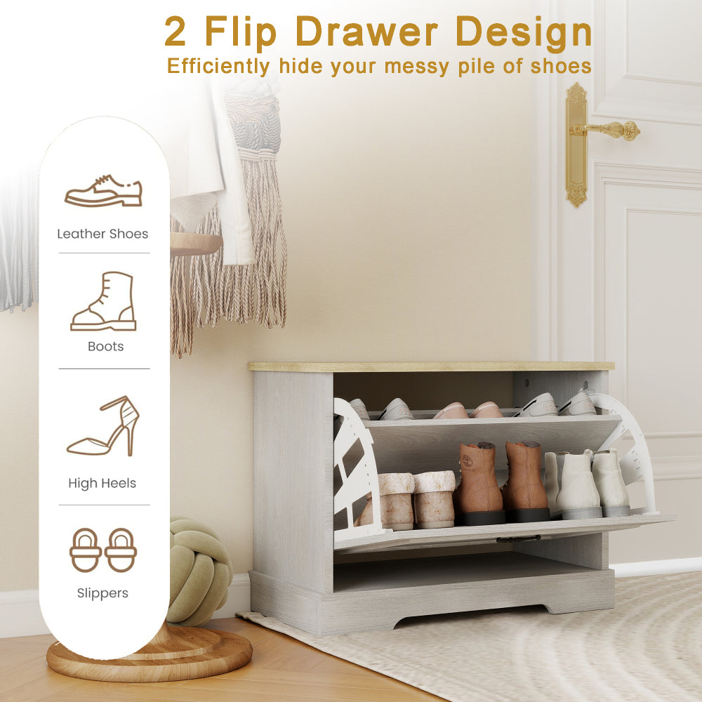 Shoe Storage Bench with 1 Flip Drawer and Adjustable Shelf, Small Shoe Cabinet for Entryway, Hallway, Bedroom-Antique White