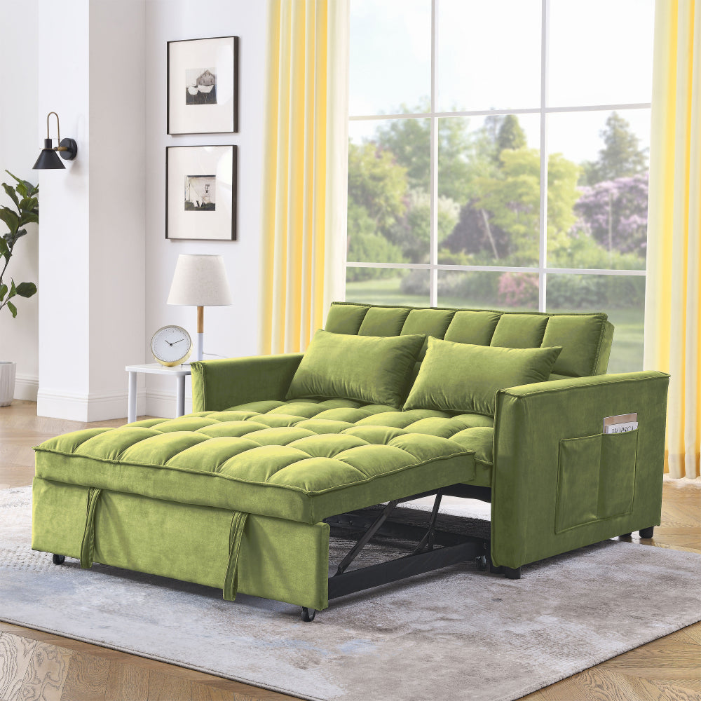 Sleeper Sofa, Convertible Sofa, Recliner, Bed, 3-in-1, 3-Position Adjustable Backrest, 2-Seater Sectional, Two Side Pockets, 2 Pillows for Living Room, Apartment, etc., Velvet Black 54" Wide.