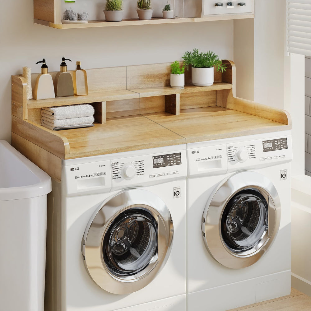Washer Dryer Countertop with Non-slip Pads Laundry Wood Shelf Topper with Edge, 54" Width x 27.5" Depth Double Layer Organizer for Washer and Dryer Laundry Hamper Counter Storage Organization (WHITE)