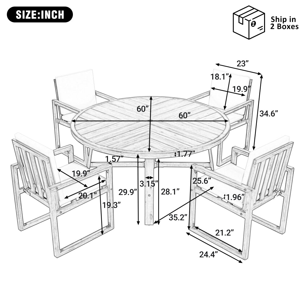5-Piece Outdoor Patio Dining Set Acacia Wood Outdoor Dining Set Patio Furniture Set with Four Armchairs and a Table for Garden, Balcony, Backyard, Beige