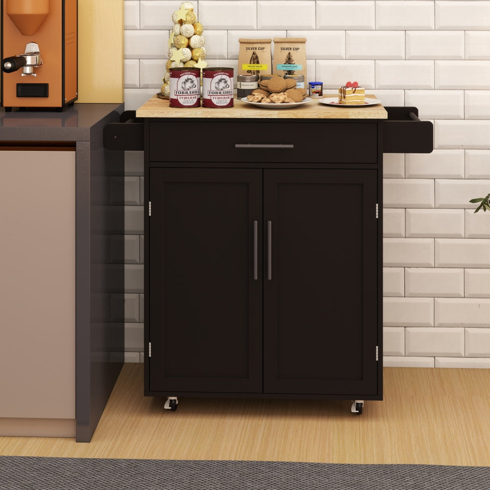 Kitchen island rolling trolley cart with 1 drawer & 2 doors with storage racks & Adjustable Shelves & towel rack & seasoning rack rubber wood table top-White