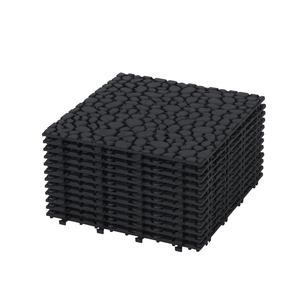 12 x 12 Inch Black Interlocking Deck Tiles Plastic Waterproof Outdoor All Weather Anti-slip Bathroom Shower Balcony Porch Strong Weight Capacity Upto 440 LBS, Pebble Stone Pattern Pack of 60