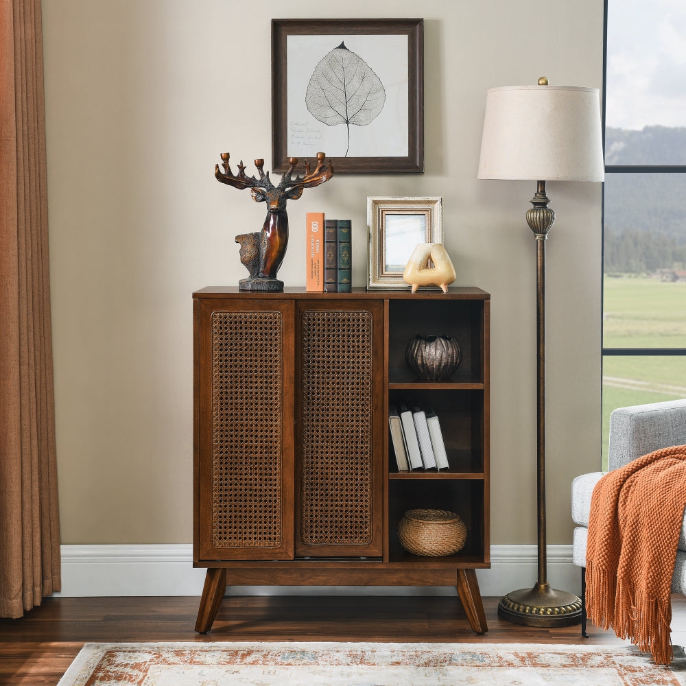 Mid Century Modern Rattan Sideboard Cabinet, Buffet Cabinet for Entryway Hallway Living Room Kitchen Dining Room, Adjustable Shelf & Solid Wood Feet & Rattan Cabinet Doors - Dark Wood