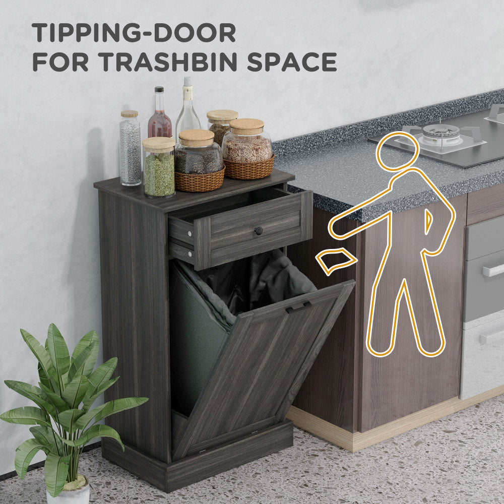 HOMCOM Kitchen Tilt Out Trash Bin Cabinet Free Standing Recycling Cabinet Trash Can Holder With Drawer, Charcoal Gray