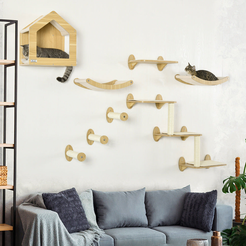 PawHut Unique Cat Tree Made From Cat Shelves with 10 Levels for More Height, Wall-Mounted Cat Tree Climbing Playground with Cat Hammocks, Modern Cat Tree