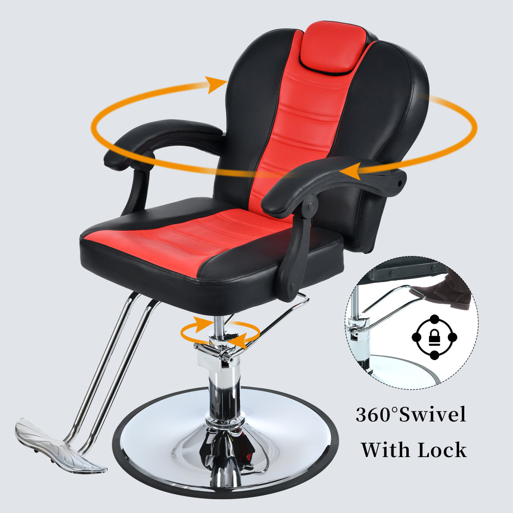 Classic Reclining barber Chair Salon Chair for Hair Stylist with Heavy Duty Hydraulic Pump, 360° Rotation, Tattoo Chair Shampoo Beauty Salon Equipment, Max Load Weight 330 Lbs, Red & Black