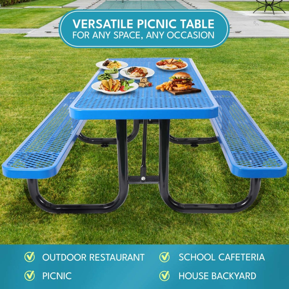 6 ft. Rectangular Outdoor Steel Picnic Table with umbrella pole in Blue