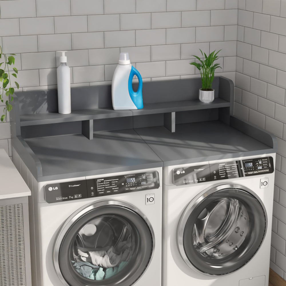 Washer Dryer Countertop with Non-slip Pads Laundry Wood Shelf Topper with Edge, 54" Width x 27.5" Depth Double Layer Organizer for Washer and Dryer Laundry Hamper Counter Storage Organization (WHITE)
