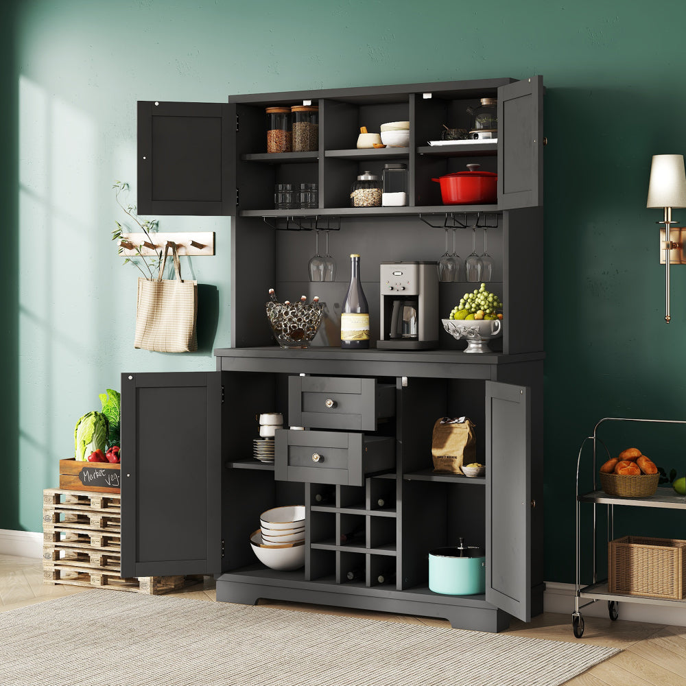 Coffee Bar Cabinet Kitchen Cabinet with Storage, Farmhouse Wine Cabinet with Drawers shelves and cabinets, Buffet Cabinet Wine & Glass Racks for Dining Room, Kitchen, Dark Blue