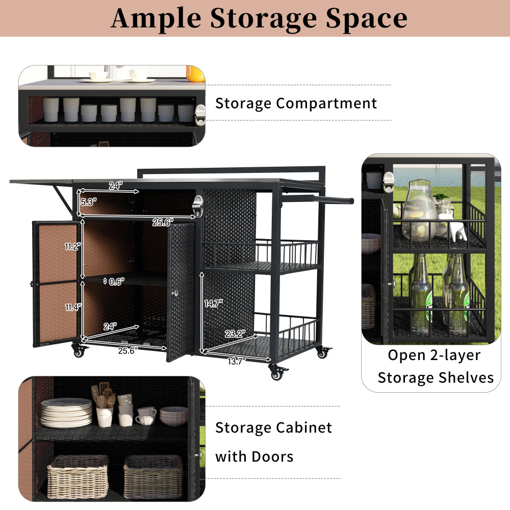 63.5" Outdoor Kitchen Island, Kitchen Storage Island, Cooking Station, Outdoor Grill Cart with Foldable Side Tabletop, Ample Storage Space, Bottle Opener for Outside BBQ, Patio, Backyard, Dark Brown