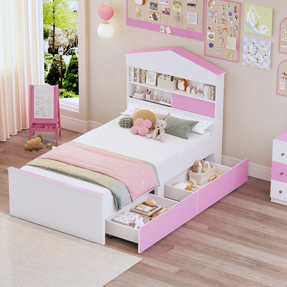 3-Pieces Bedroom Sets, Twin Size House-Shaped Wooden Bed with Storage Drawers, Nightstand with Colorblock Design and House-shaped Stroage Rack, Brown+White