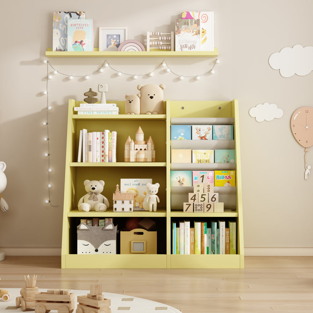 Yellow Wooden Toy Storage Organizer Cabinet Kids Bookshelf Children Bookcase Toddler Baby Sling Book Rack Shelf for Playroom Bedroom Nursery Hallway School Kindergarten Living Roomy