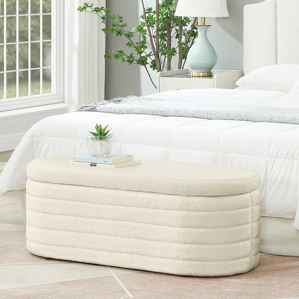 Modern Oval Storage Ottoman Bench, Upholstered Boucle Teddy Fabric End of Bed Bench with Storage, End of Bed Stool with Safety Hinge for Bedroom, Living Room, Entryway, Dark Green