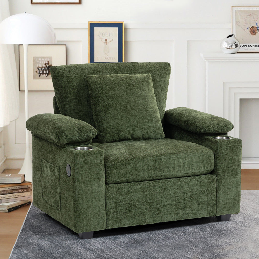 Modern Oversized Chair with Ottoman,Chenille Fabric Sofa Bed,Accent Chair Comfy Sofa with Cupholders and USB Charging Ports Chair for Living Room,Bedroom,Apartment