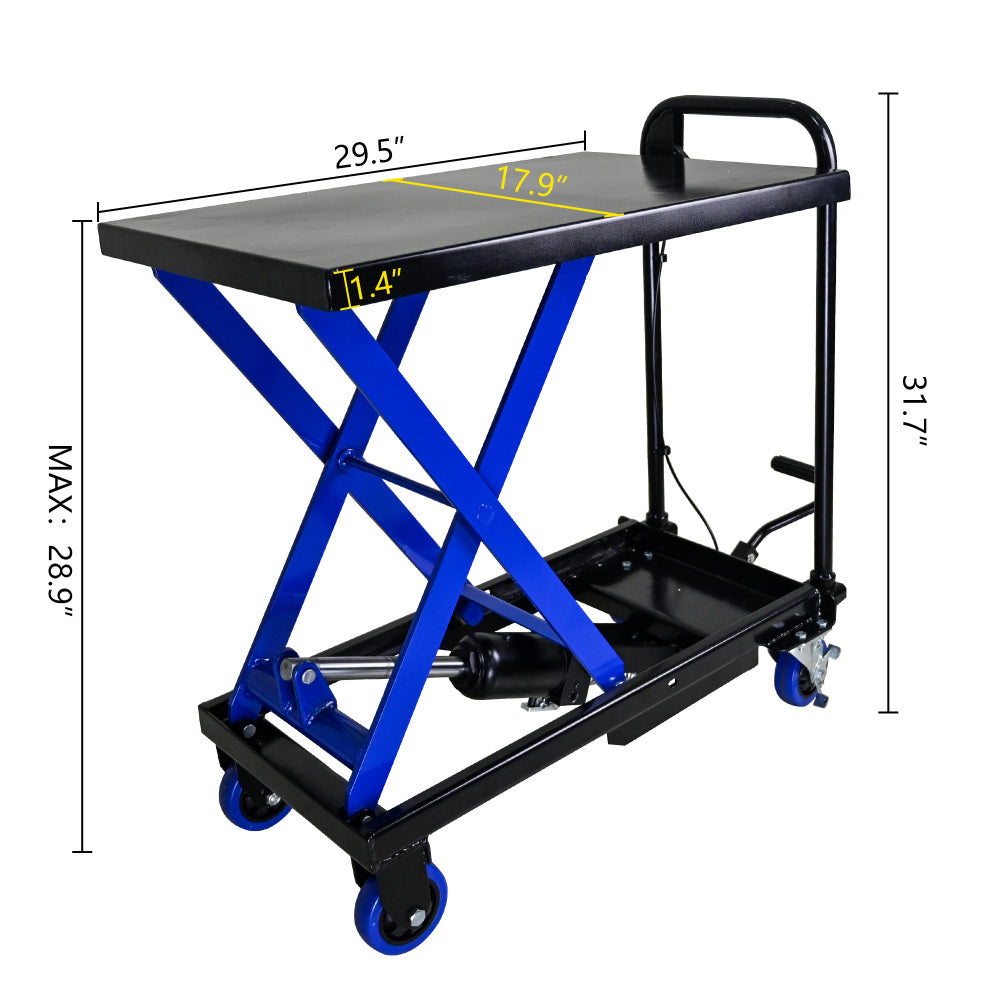 Hydraulic Lift Trolley, 500 LBS Capacity, with 4 Wheels, for Material Handling and Transportation, BLACK+BLUE