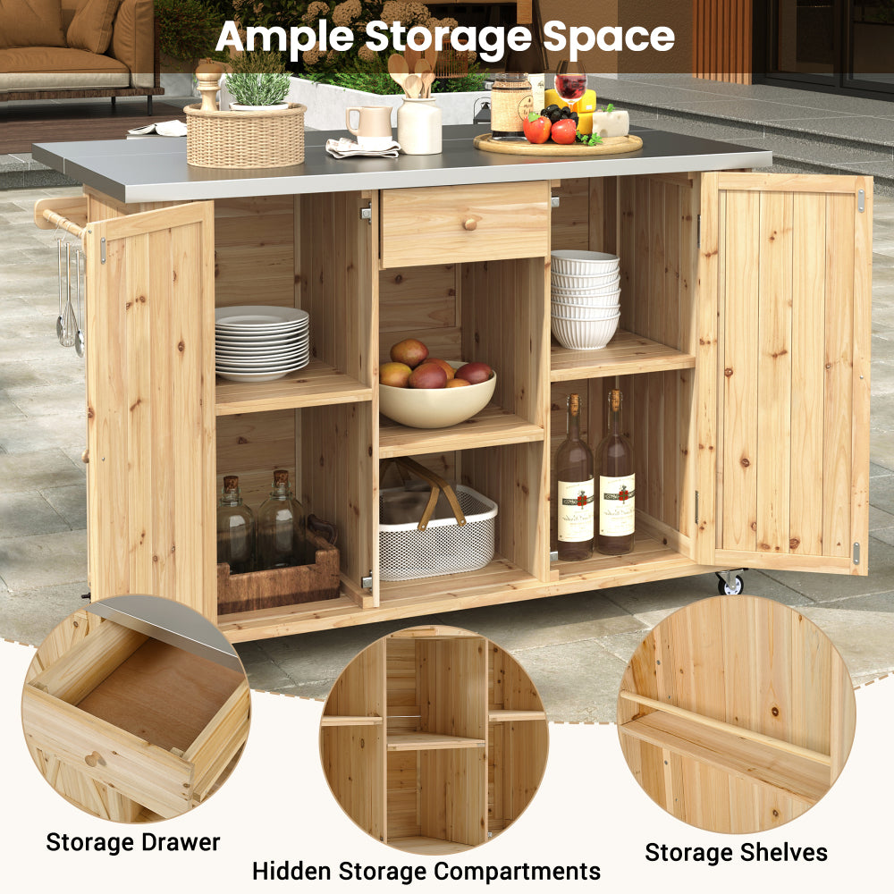 Outdoor Kitchen Island Fir Wood Kitchen Island with Stainless Steel Top, Ample Storage Space, Towel and Spice Racks and a Bottle Opener for Outdoor, Natural