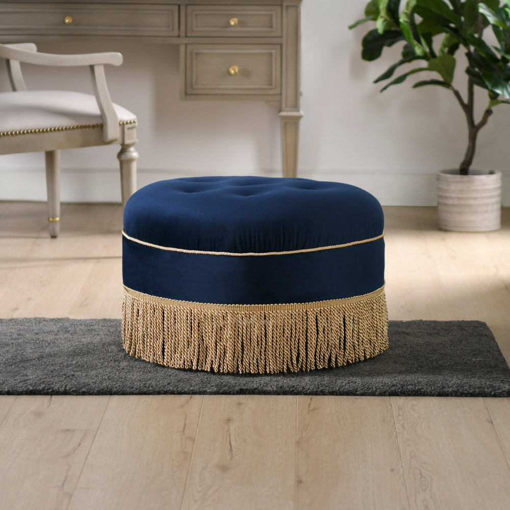 Yolanda 24" Round Upholstered Accent Ottoman, Peach Orange Velvet with Gold Trim