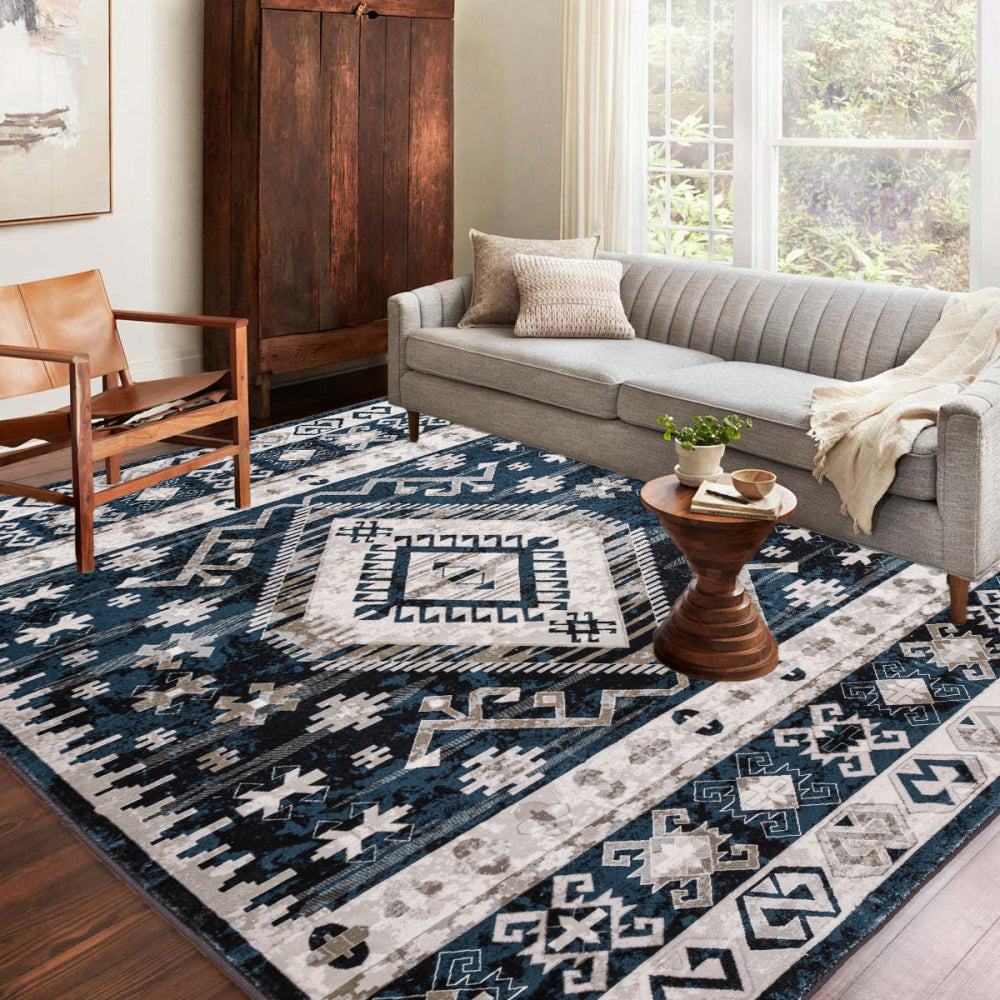 Area Rug 6x9 Vintage Bohemia Large Persian Non-slip Washable Rug For Living Room Kitchen Bedroom Living Room Geometry Blue/Black