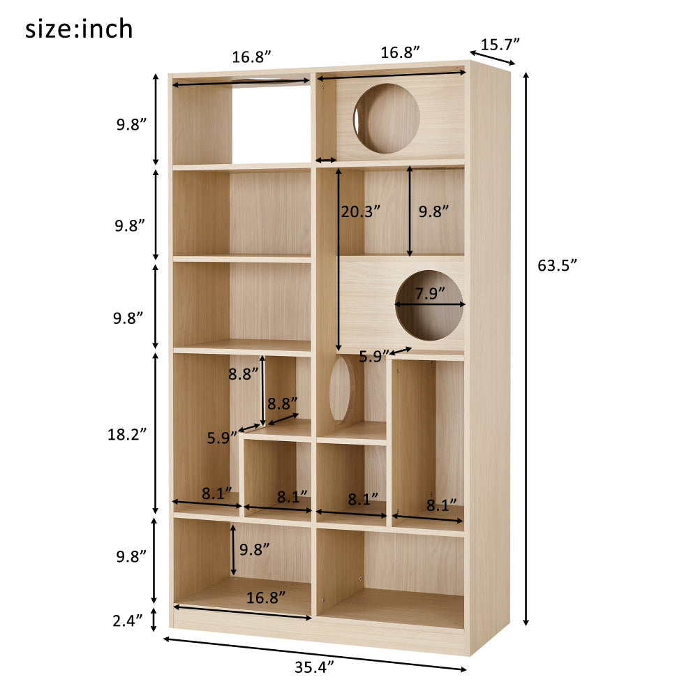 Modern 2 IN 1 Wood Bookshelf Cat House, Cat Tree Display Case with Storage, Cat Litter Box Enclosure Climbing Shelf