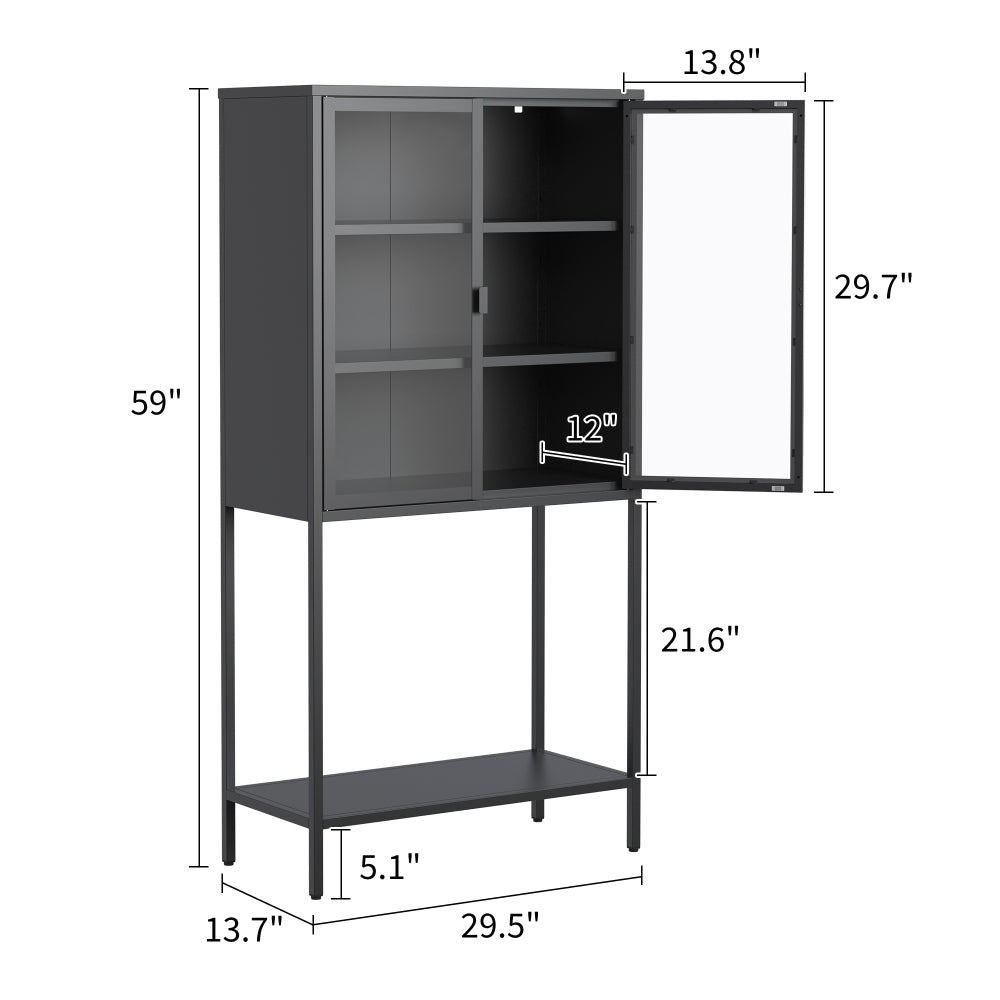 59"H Heavy Duty Metal Storage Cabinet,Sideboards & Buffet,Display Storage Cabinet with Glass Doors and 2 Adjustable Shelves, Tall Bookcase Modern Bookshelf Cabinet for Home Office, Living Room