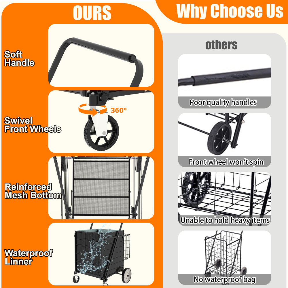 Bigger Super Jumbo Shopping Cart,Grocery Cart on Wheels, Foldable Utility Shopping Carts with Double Basket and 360° Rolling Swivel Wheels for Groceries Laundry