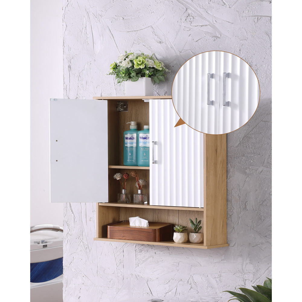 Bathroom Wall Cabinet with Double - Door, Bottom Shelf, Wavy - Patterned Doors, Adjustable Inner Shelf, Easy Installation, White & Natural Wood