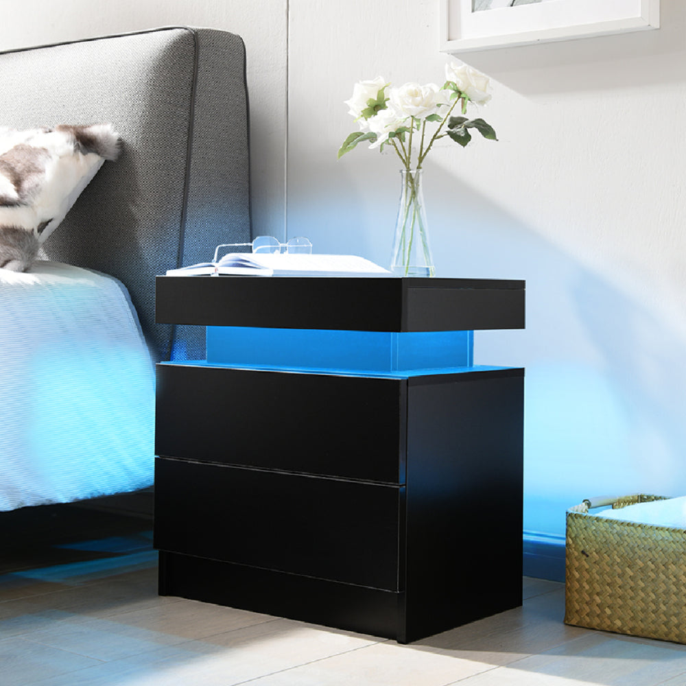 Nightstand LED Bedside Table Cabinet Lights Modern End Side with 2 Drawers for Bedroom (White)