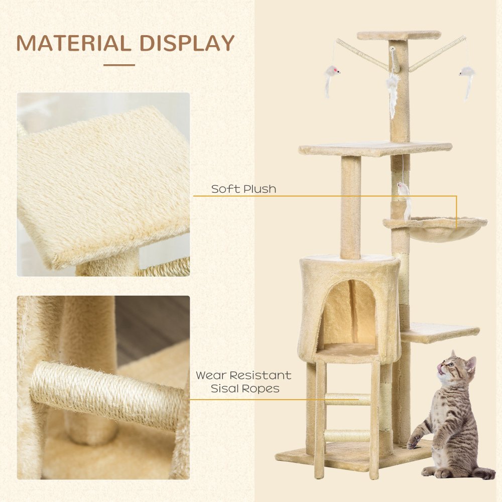 PawHut 53" Plush Sturdy Interactive Cat Condo Tower Scratching Post Activity Tree House - Beige