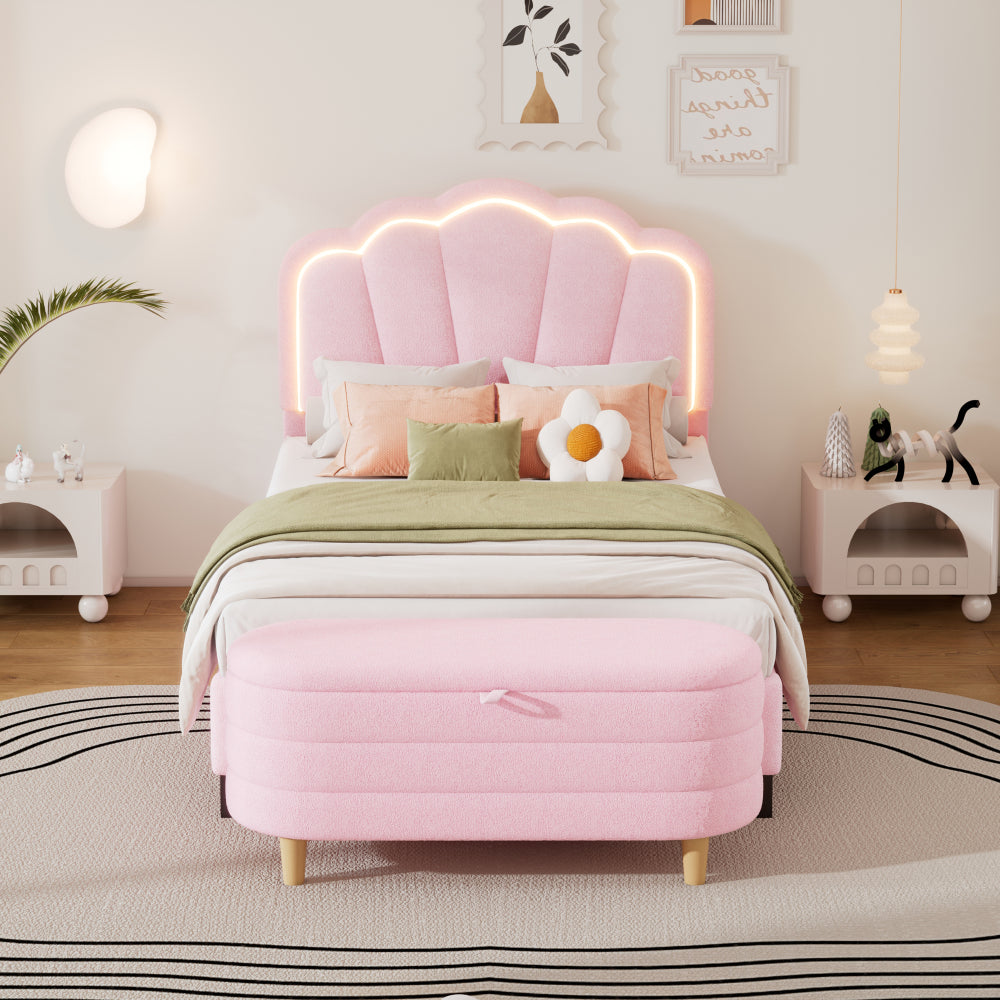 2-Pieces Bedroom Sets Twin Size Flower-Shaped Upholstered LED Platform Bed with Storage Ottoman-Sherpa Fabric, White