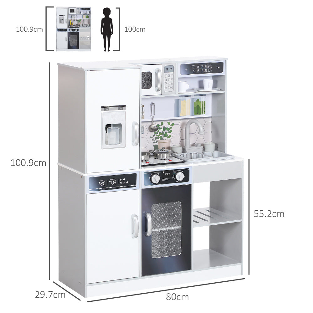 Qaba Play Kitchen, Kids Kitchen Playset, Pretend Play Toy Kitchen with Lights & Sounds, Running Water, Coffee Machine, Ice Maker, 5 Accessories & Microwave, Gift for 3-8 Years, White