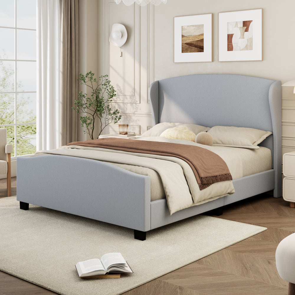 Queen Size 51" High Headboard Wingback Linen Upholstered Bed No Box Spring Needed, Beige