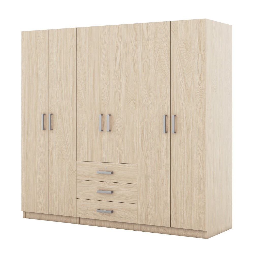 6-Doors Wooden Wardrobe Storage for Bedroom, with Big Drawers, Brown