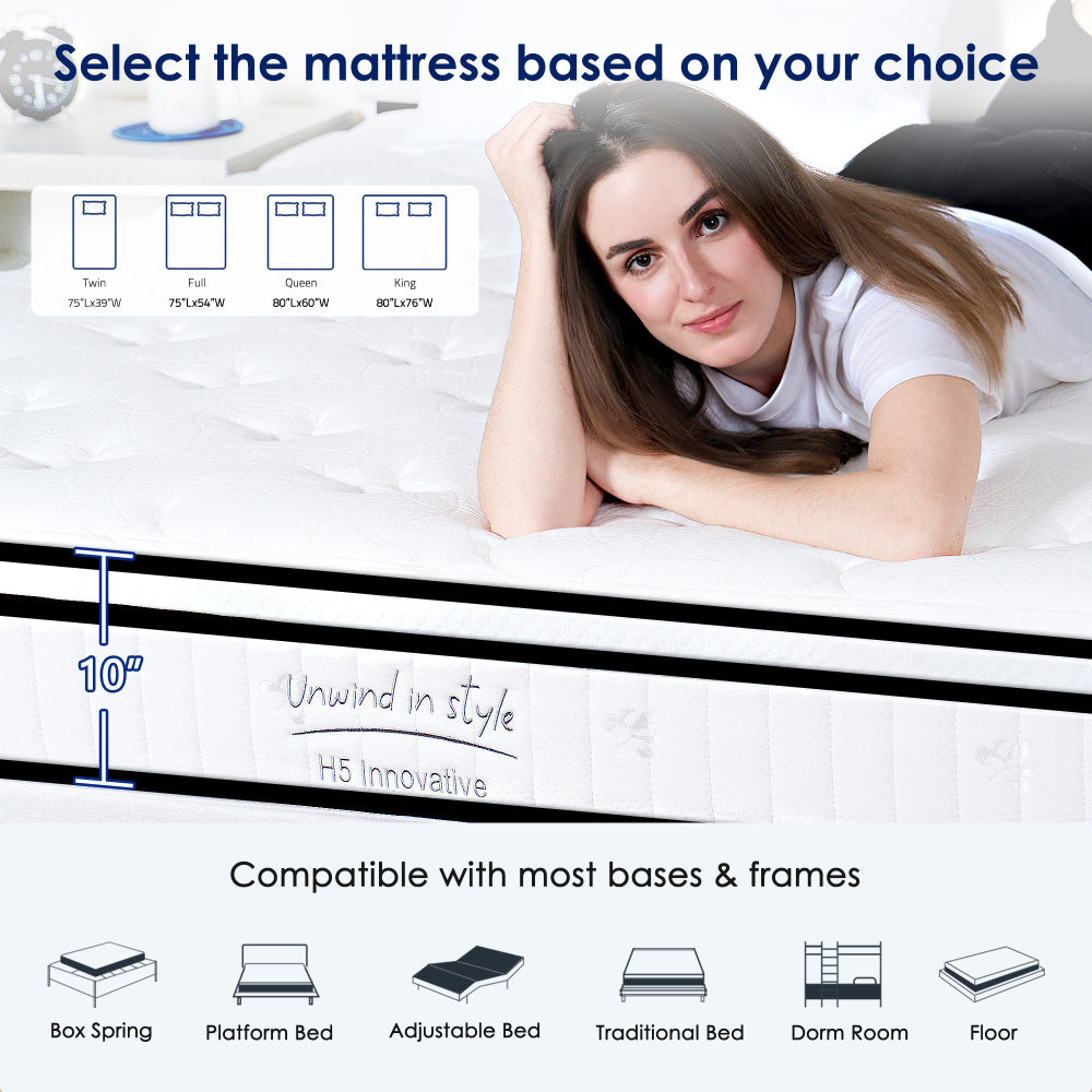 Queen Size Mattress,10 Inch Hybrid Mattress, Individually Pocketed Innerspring, Medium Firm