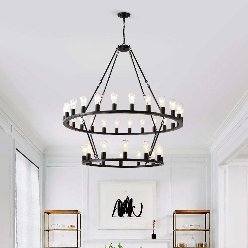 48 Inch Black Extra Large Wagon Wheel Chandelier, 2 Tier 36-Lights(No Include) Farmhouse Industrial Round High Ceiling Pendant Light Adjustable Chain, for Dining Room, Living Room,Kitchen