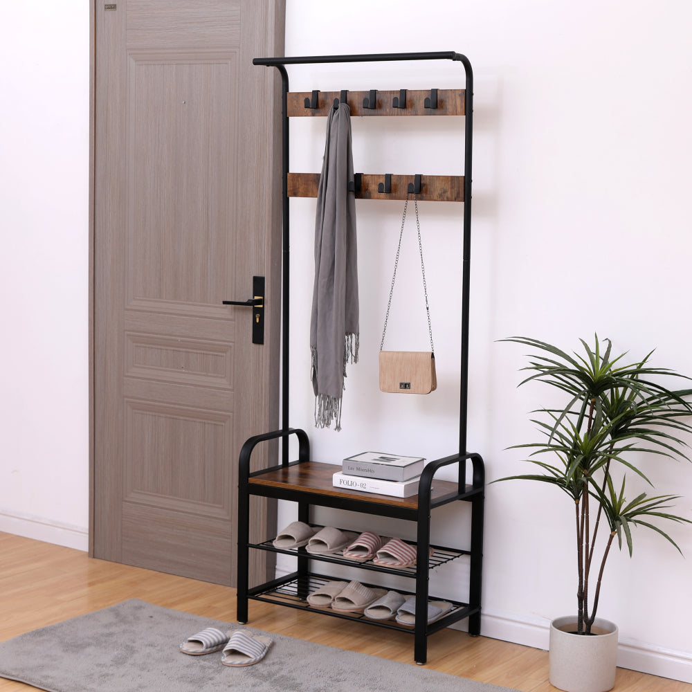 Coat Rack, Hall Tree with Shoe Bench for Entryway, Entryway Bench with Coat Rack, 4-in-1, with 9 Removable Hooks, a Hanging Rod, 13.8 x 25.2 x 72.8 Inches, Rustic Brown and Black